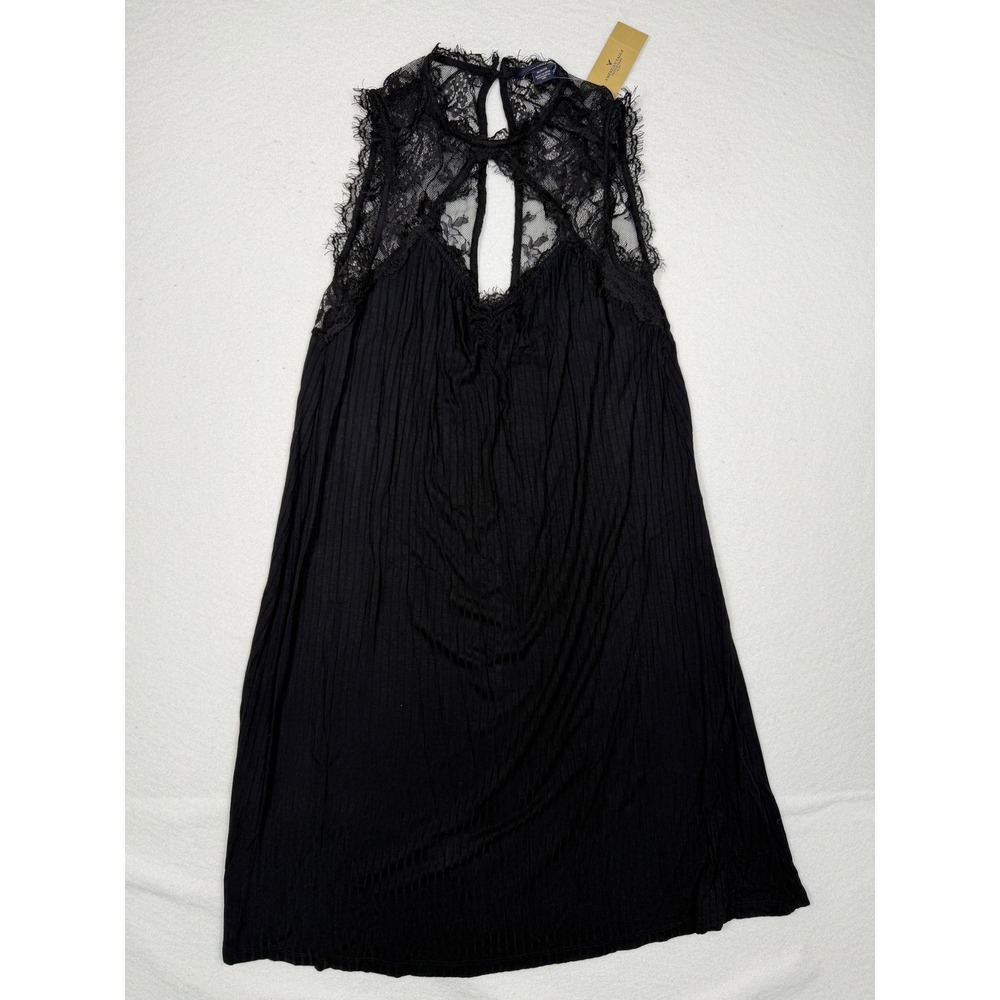 American Eagle Mini Dress Women Med Black Lace Yoke Ribbed‎ Sleeveless Boho NEW